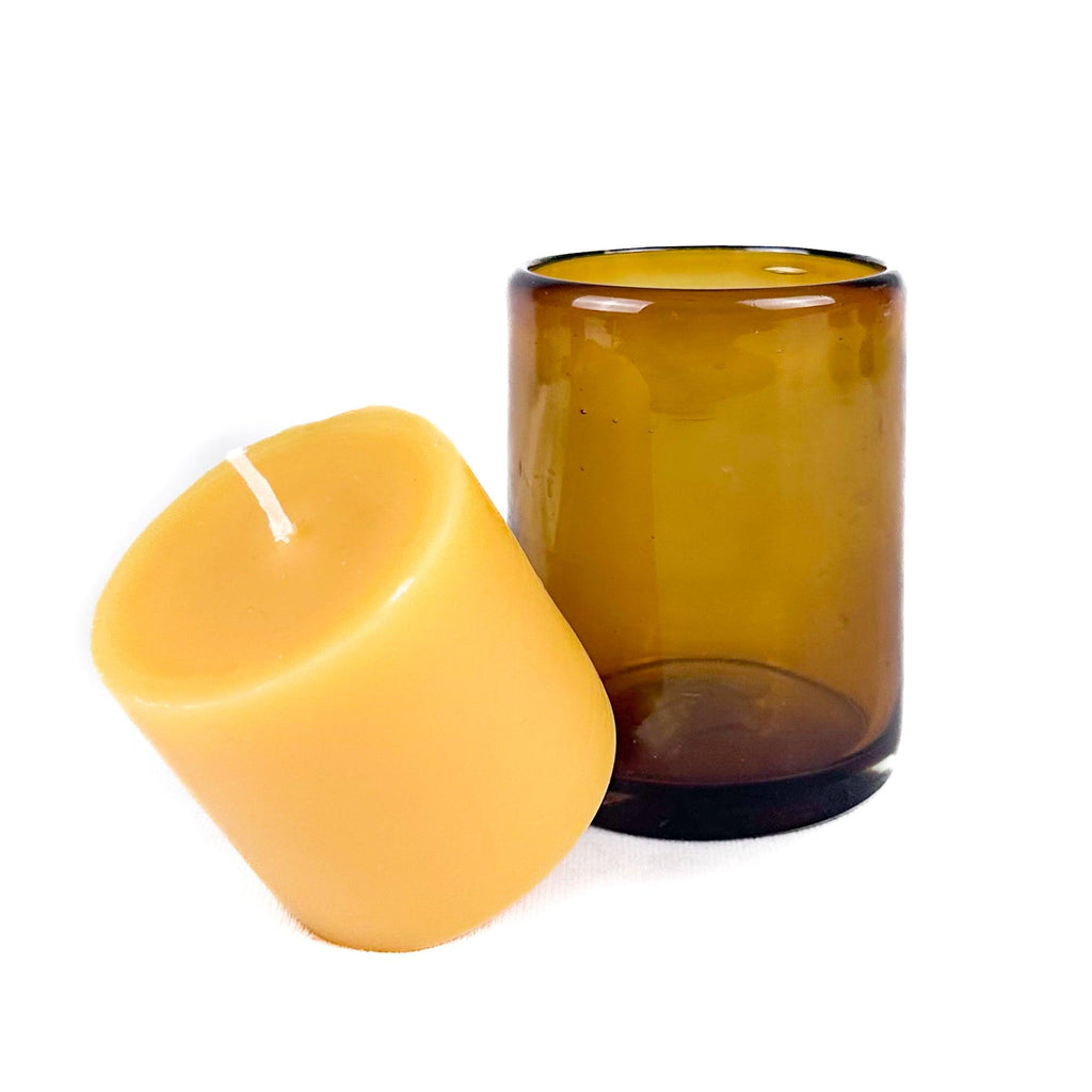 Bluecorn Candles Pure Beeswax Candle in Blown Glass — back view