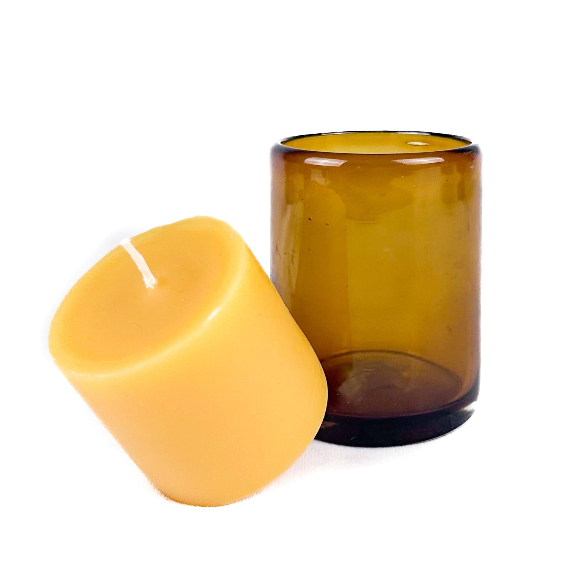 Bluecorn Candles Pure Beeswax Candle in Blown Glass — back view