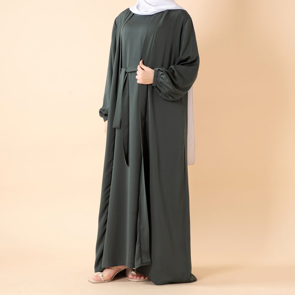 Mariam's Collection Premium Nida Zoom Open Abaya 3-Piece Set (MOA239) — flat-lay composition