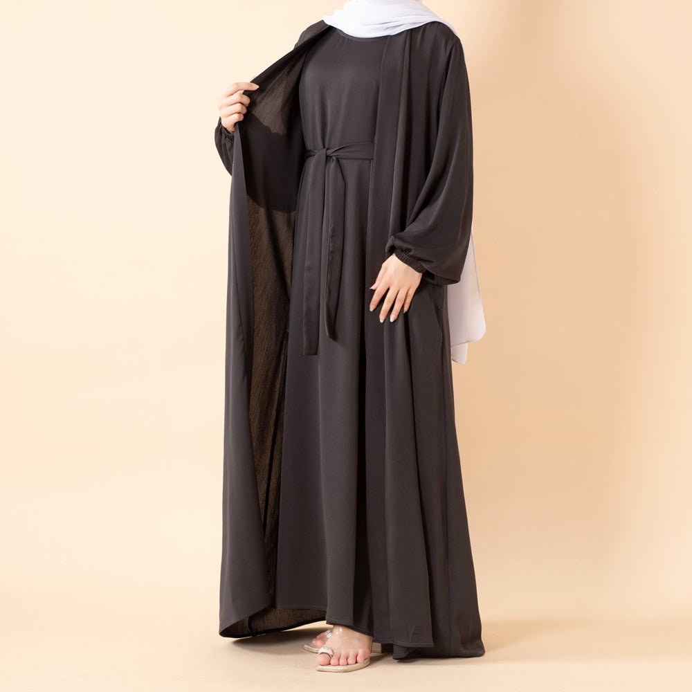 Mariam's Collection Premium Nida Zoom Open Abaya 3-Piece Set (MOA239) — lifestyle context