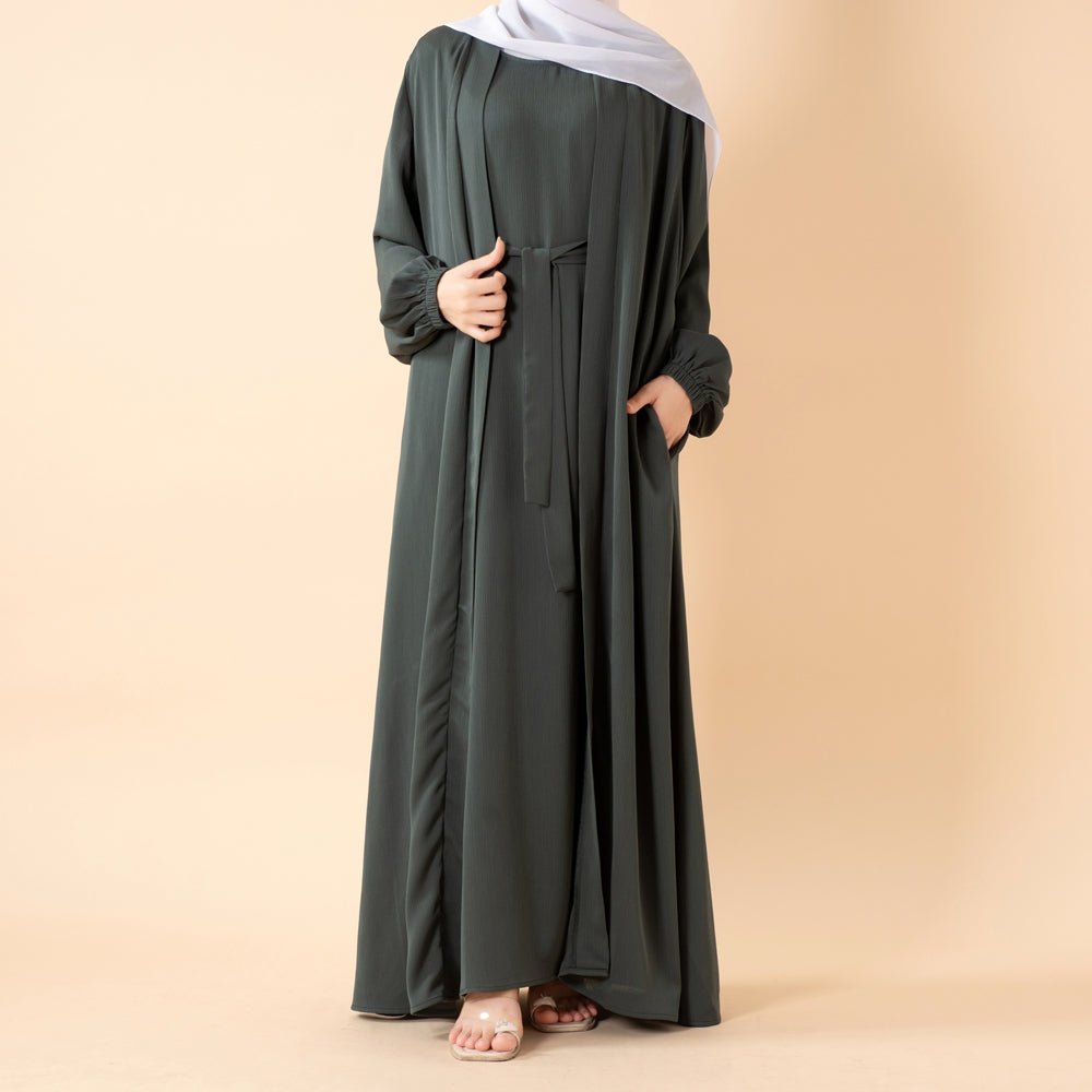 Mariam's Collection Premium Nida Zoom Open Abaya 3-Piece Set (MOA239) — product on model