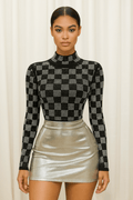 Nightfall Checker Rhinestone Mock-Neck Long Sleeve Top