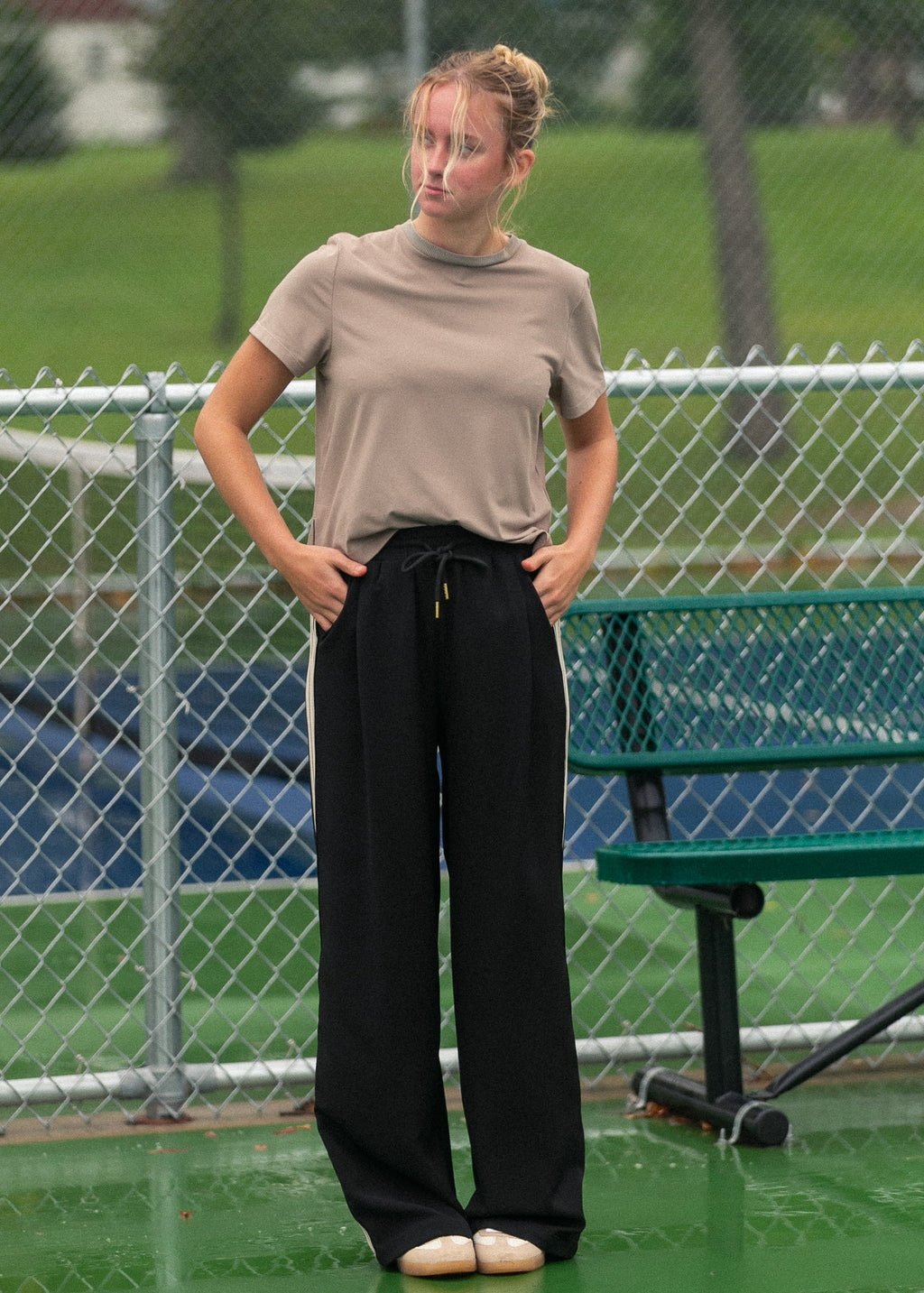 Inherit Co. Nina Wide Leg Track Pants — flat-lay composition
