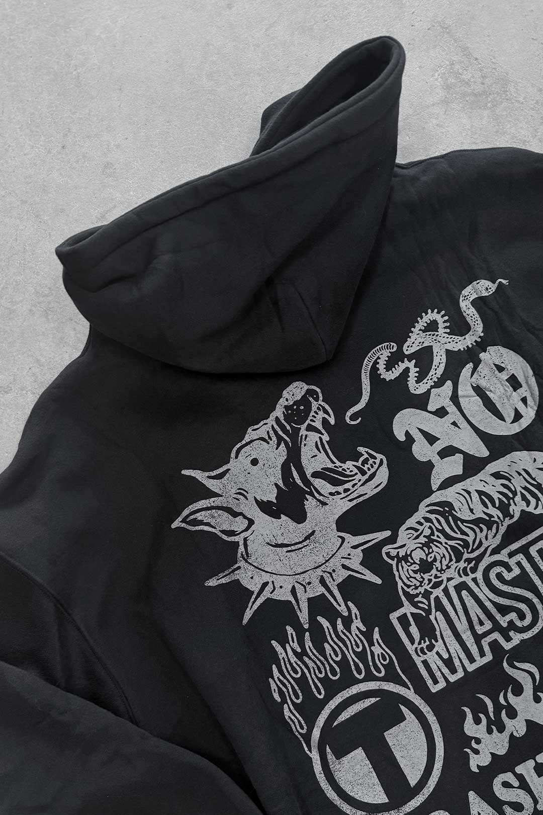 Thrash Happy No Masters Unisex Heavyweight Hoodie — lifestyle context