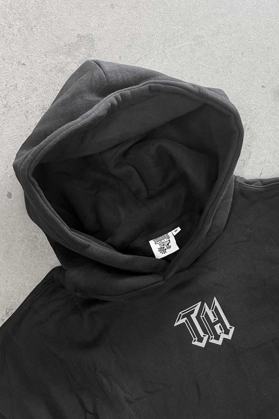 Thrash Happy No Masters Unisex Heavyweight Hoodie — detail close-up