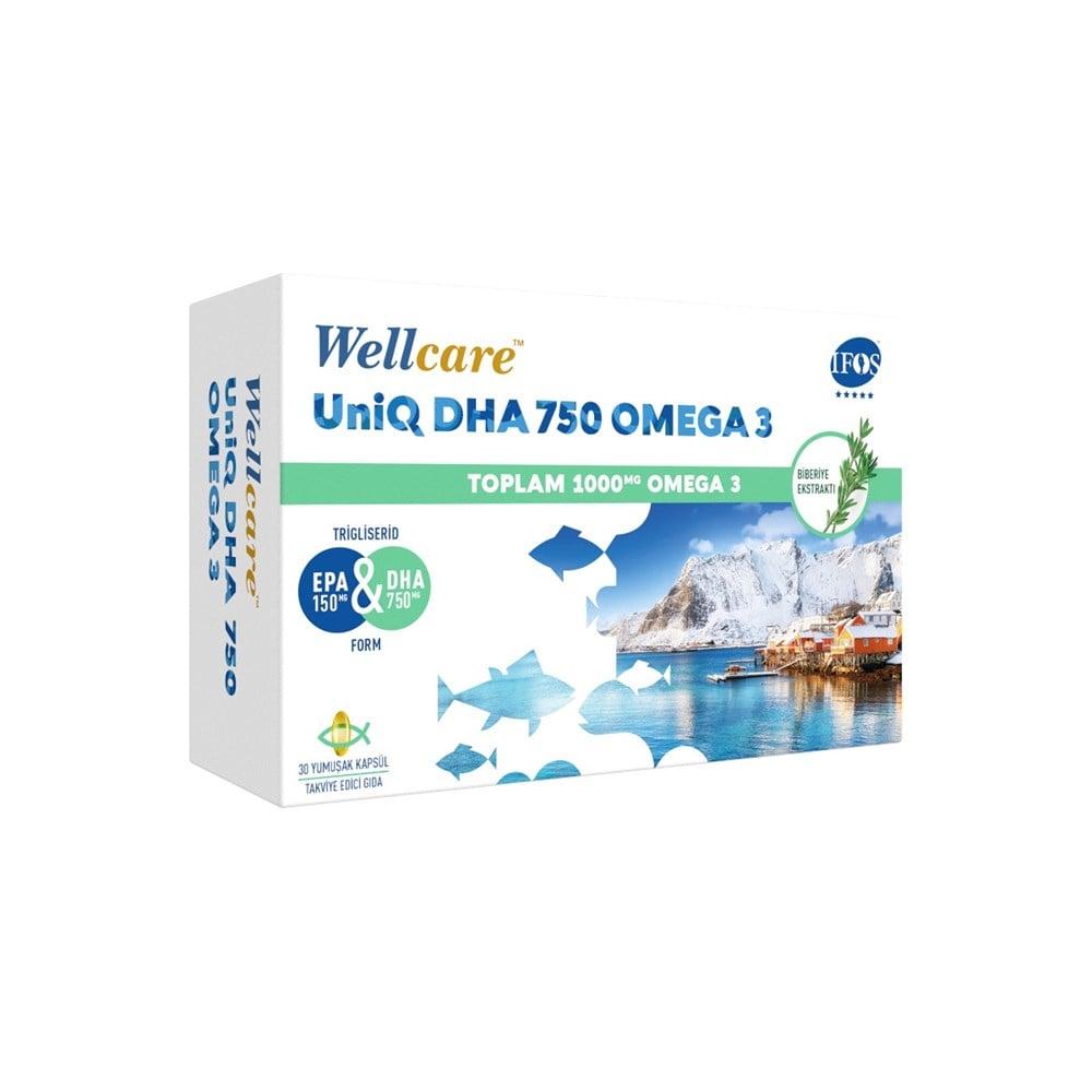 Wellcare UniQ DHA 750 Omega 3 Fish Oil Capsules, 30 Count