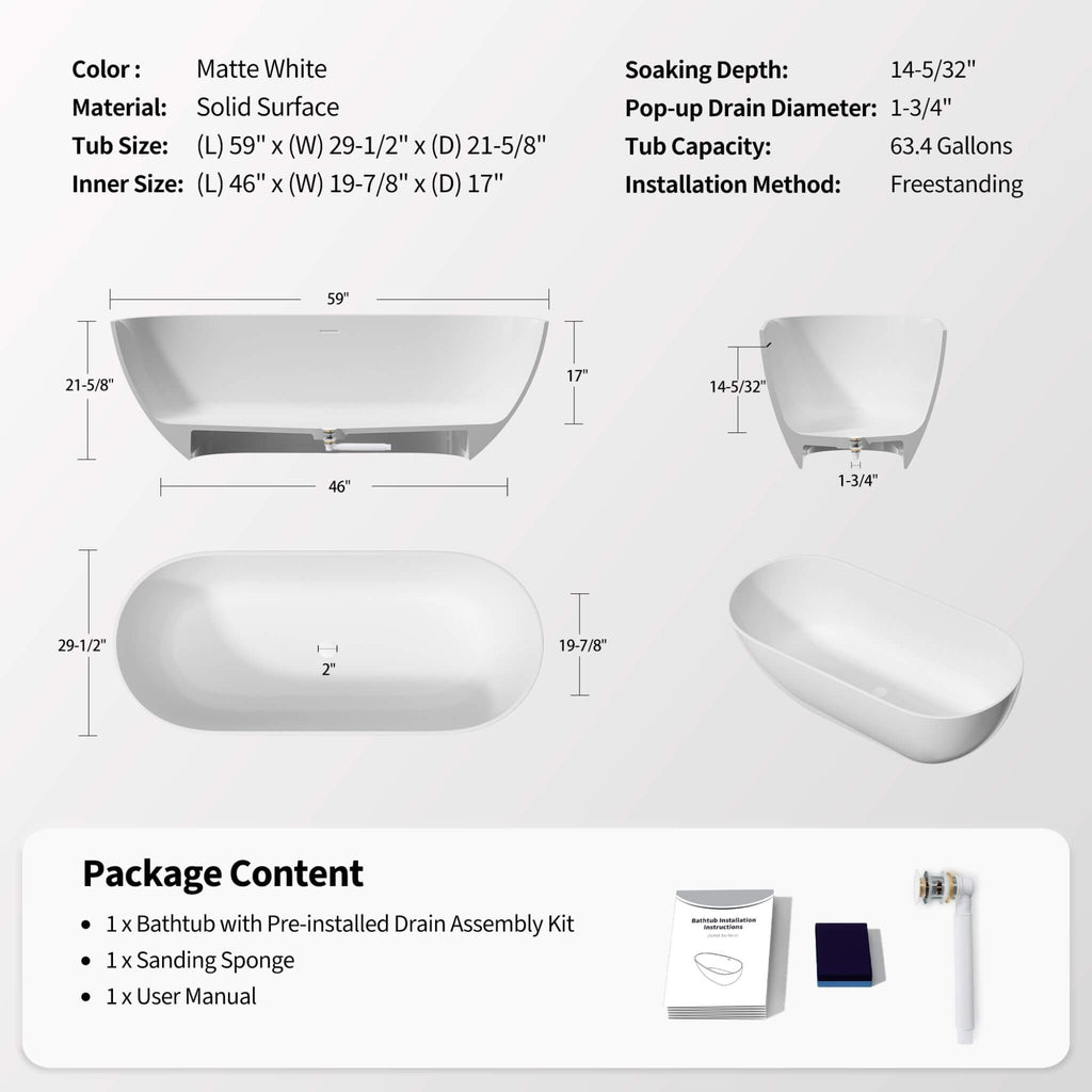 Nuvia 59-Inch Luxury Solid Surface Matte White Freestanding Soaking Tub (SAK95320) – SAKSBY WHOLESALE, view 10