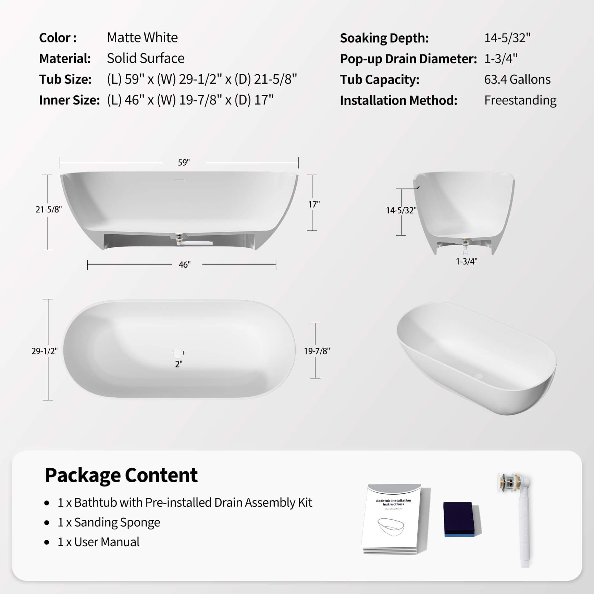 Nuvia 59-Inch Luxury Solid Surface Matte White Freestanding Soaking Tub (SAK95320) – SAKSBY WHOLESALE, view 10