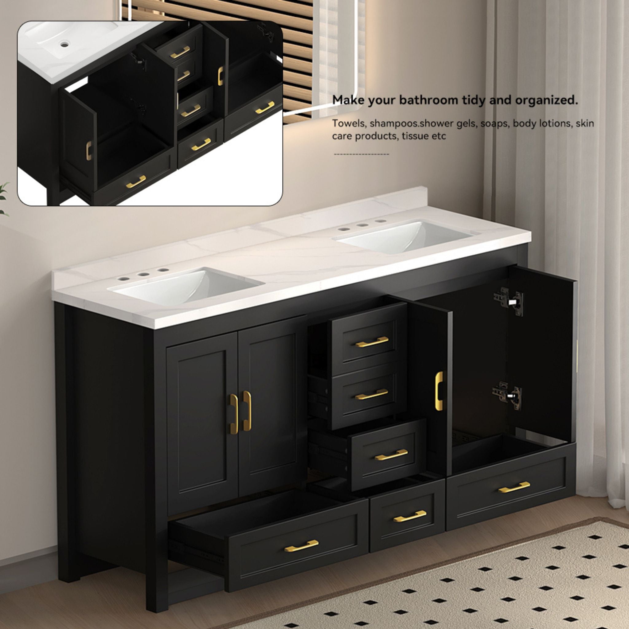 Nuvia 60-Inch Black Bathroom Vanity With Soft Close Doors And Drawers Storage (SAK86210) – SAKSBY WHOLESALE, view 6