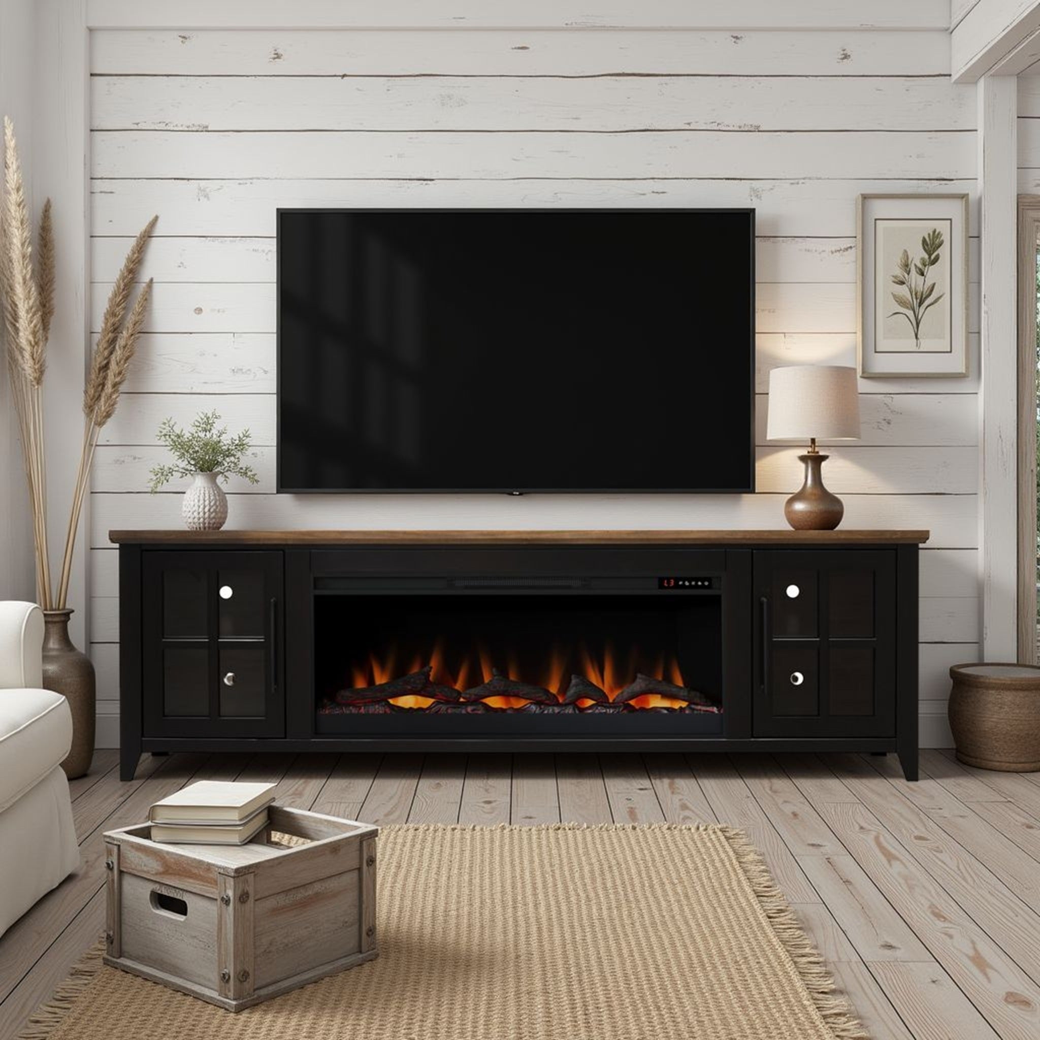 Nuvia 83-Inch Bourbon Black TV Stand With Fireplace And Glass Windowpane Doors (SAK40281) – SAKSBY WHOLESALE, view 4