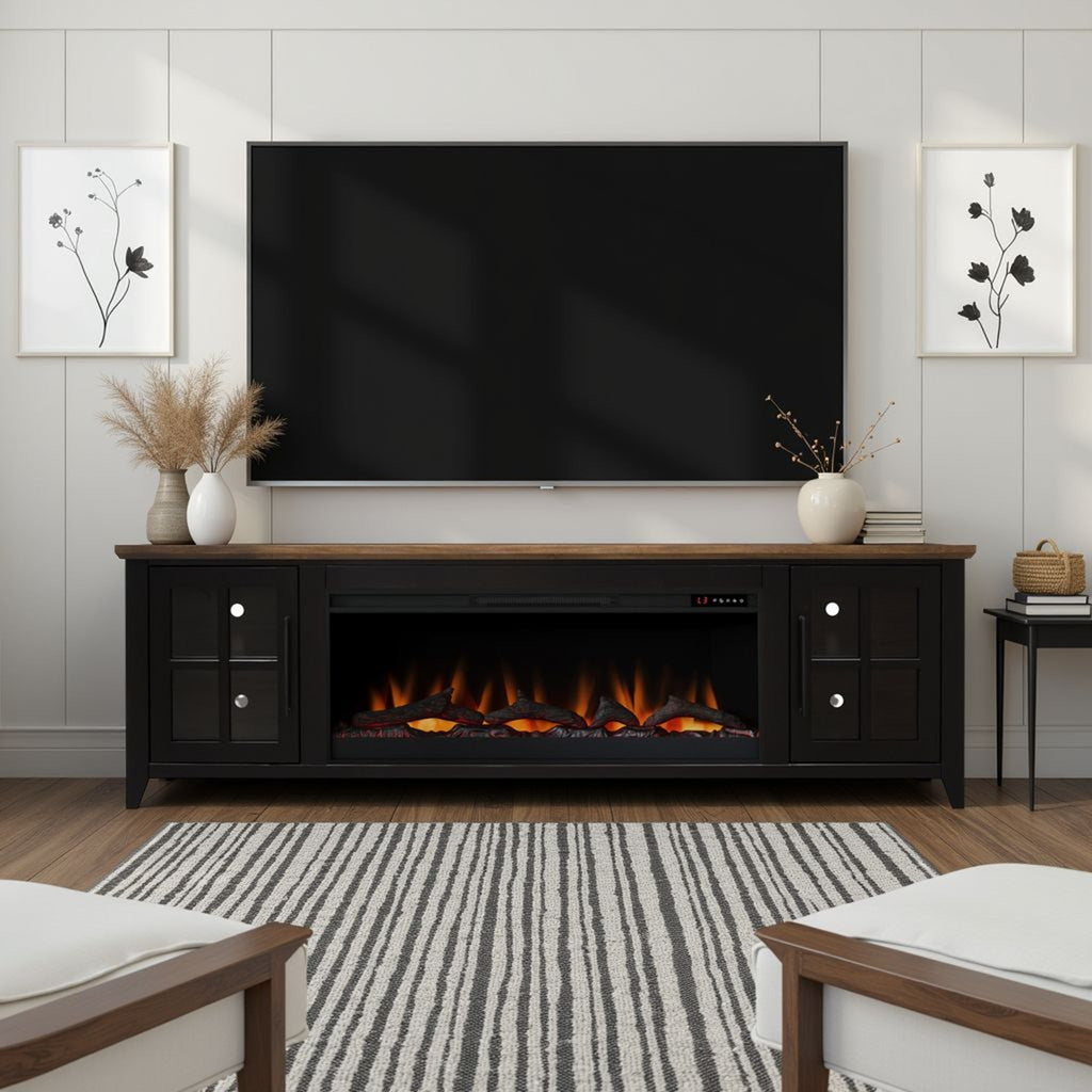 Nuvia 83-Inch Bourbon Black TV Stand With Fireplace And Glass Windowpane Doors (SAK40281) – SAKSBY WHOLESALE