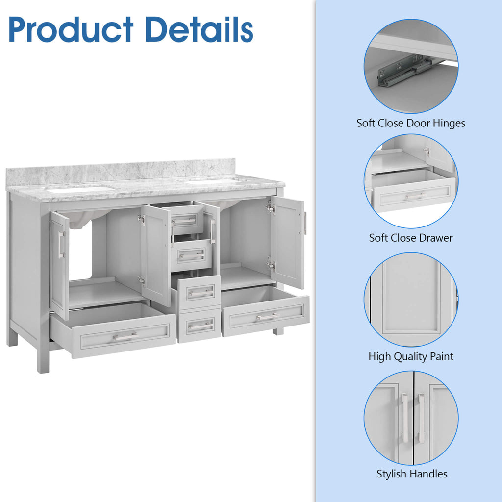 Nuvia Premium 60-Inch Freestanding Double Sink Bathroom Vanity With Carrara Marble Top (SAK51829) – SAKSBY WHOLESALE, view 4