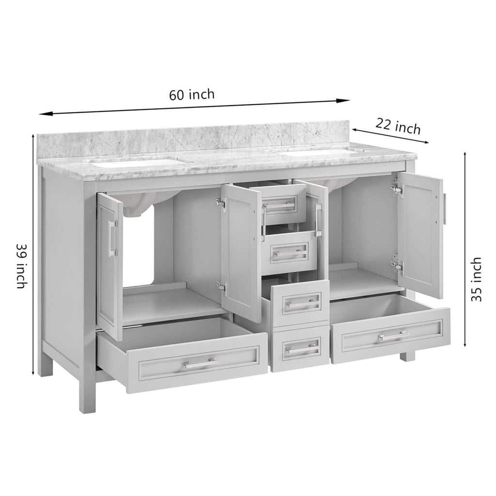 Nuvia Premium 60-Inch Freestanding Double Sink Bathroom Vanity With Carrara Marble Top (SAK51829) – SAKSBY WHOLESALE, view 11