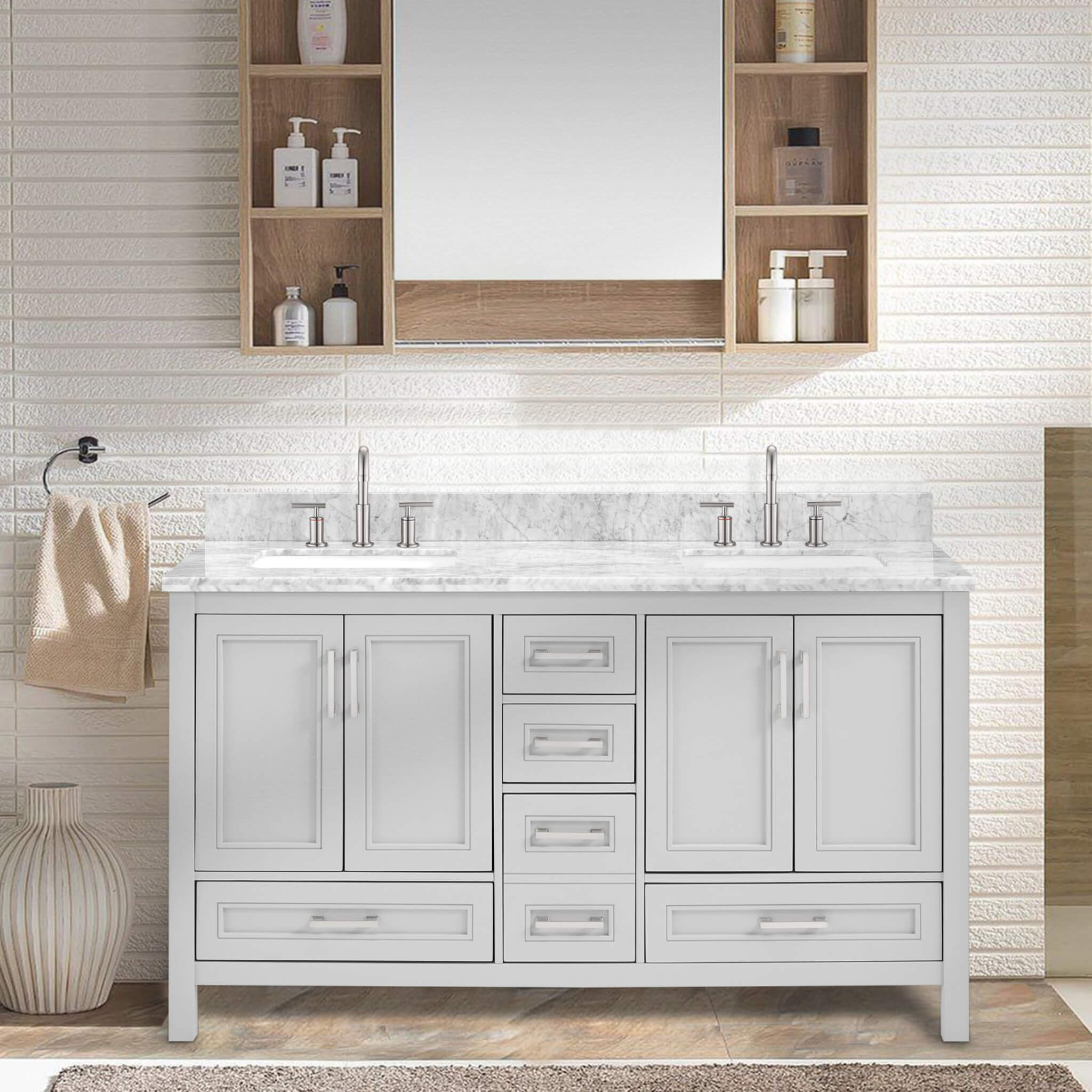 Nuvia Premium 60-Inch Freestanding Double Sink Bathroom Vanity With Carrara Marble Top (SAK51829) – SAKSBY WHOLESALE