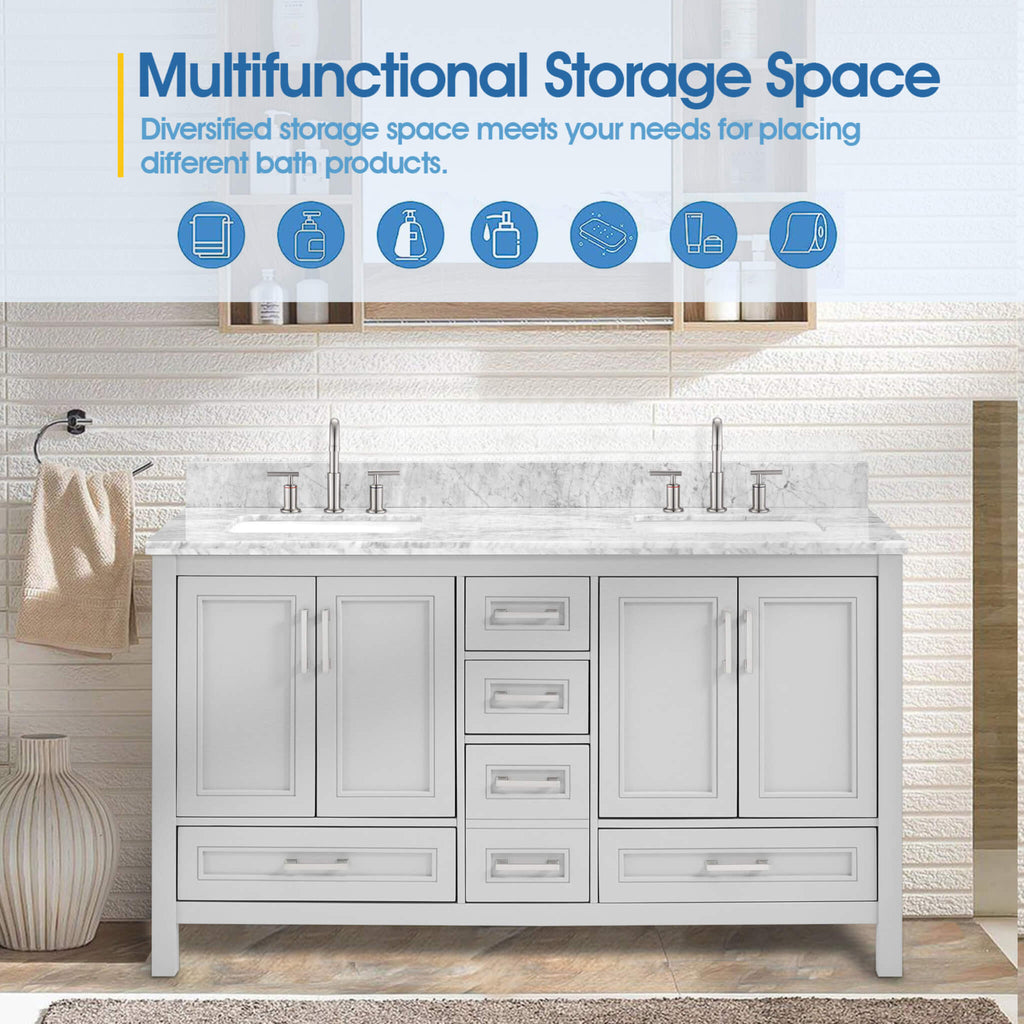 Nuvia Premium 60-Inch Freestanding Double Sink Bathroom Vanity With Carrara Marble Top (SAK51829) – SAKSBY WHOLESALE, view 10