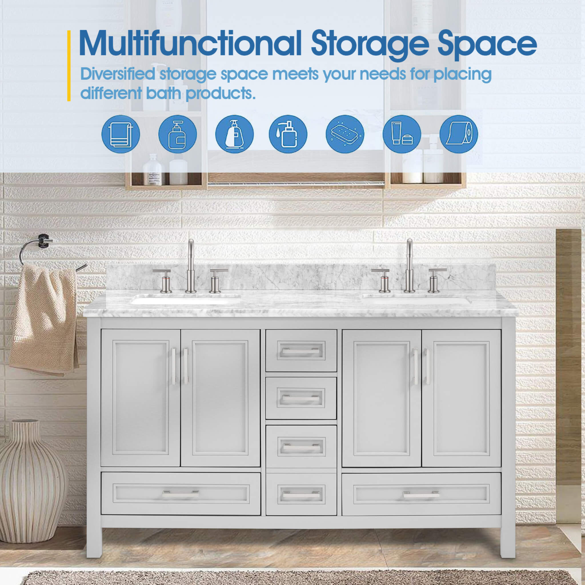 Nuvia Premium 60-Inch Freestanding Double Sink Bathroom Vanity With Carrara Marble Top (SAK51829) – SAKSBY WHOLESALE, view 10