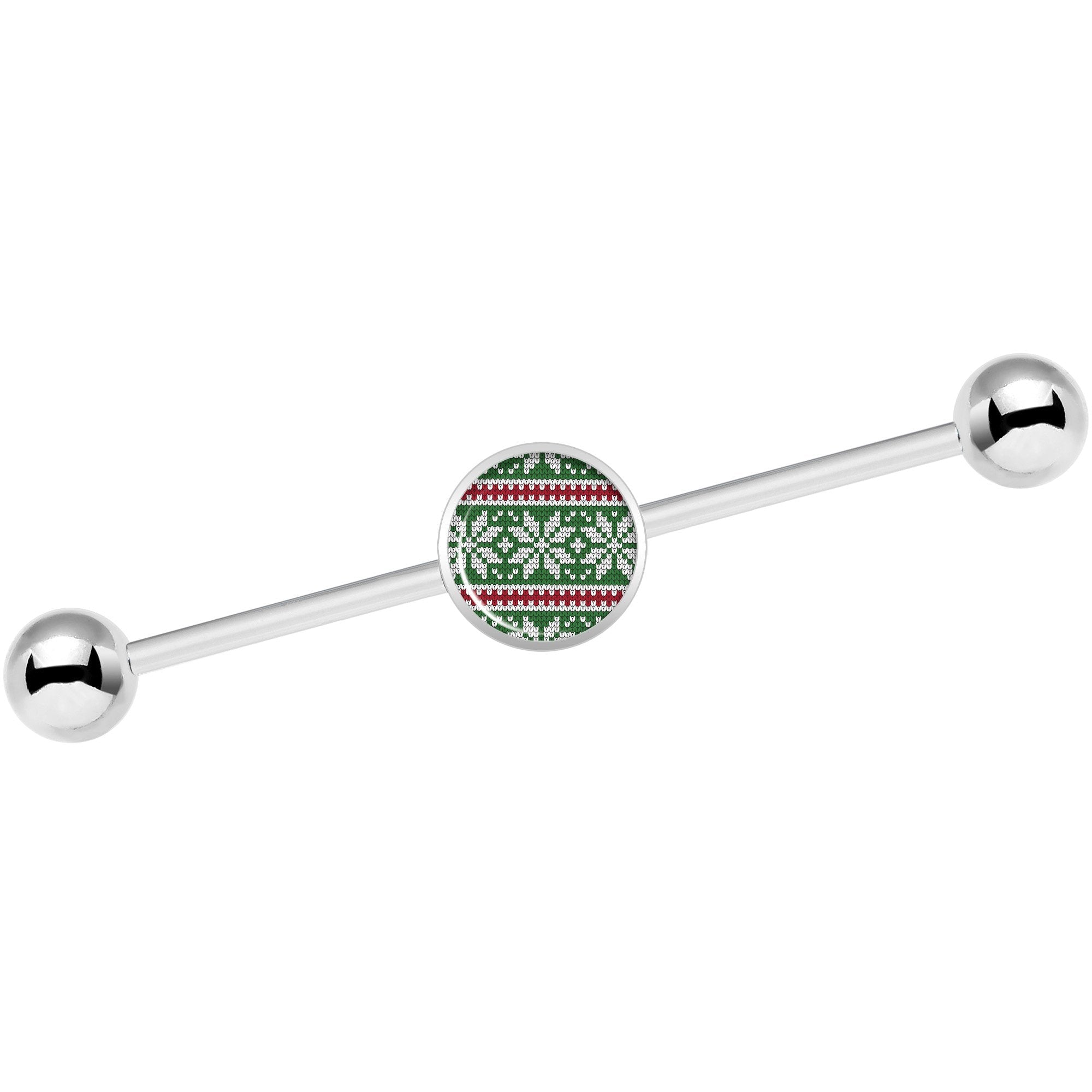 BodyCandy 14G Green Red Christmas Sweater Industrial Barbell 37mm — branding close-up