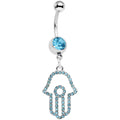 BodyCandy Aqua Gem Hollow Hamsa Hand Dangle Belly Ring — main product shot