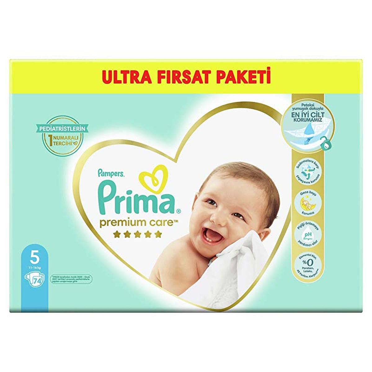 Prima Premium Care Baby Diapers, Size 5, 74 Count - Dermatologically Tested, Leakage Protection