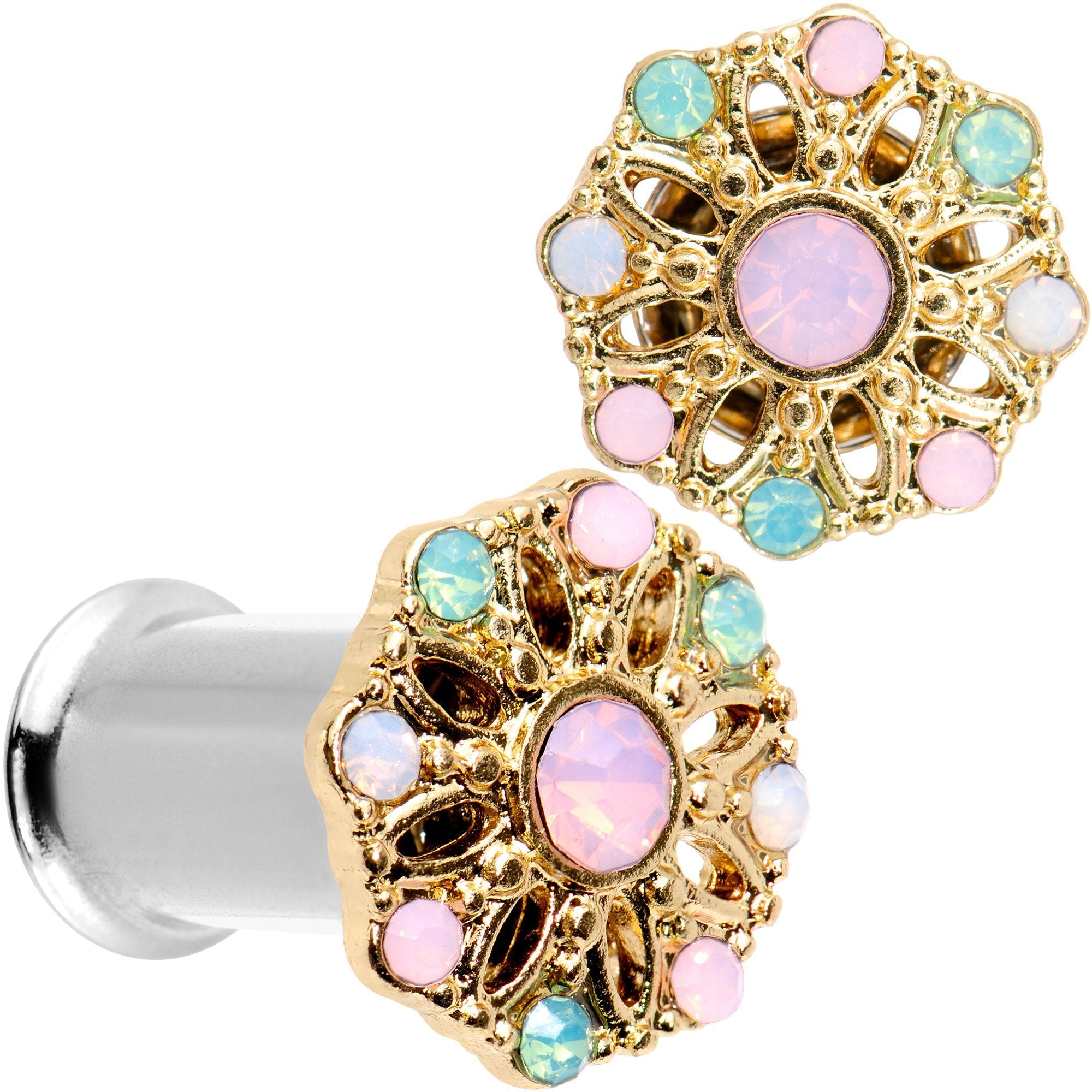 BodyCandy Pink Green White Gem Glam Flower Double Flare Tunnel Plug Set — alternative angle