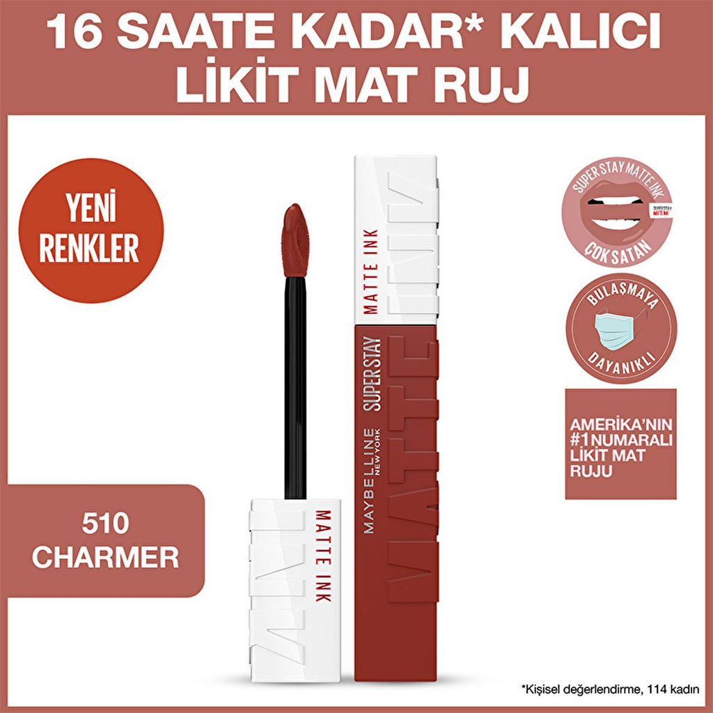Maybelline Super Stay Matte Ink: Long Lasting Liquid Lipstick - Transfer-Proof, Smudge-Proof, Non-Drying Matte Finish - Charmer Shade