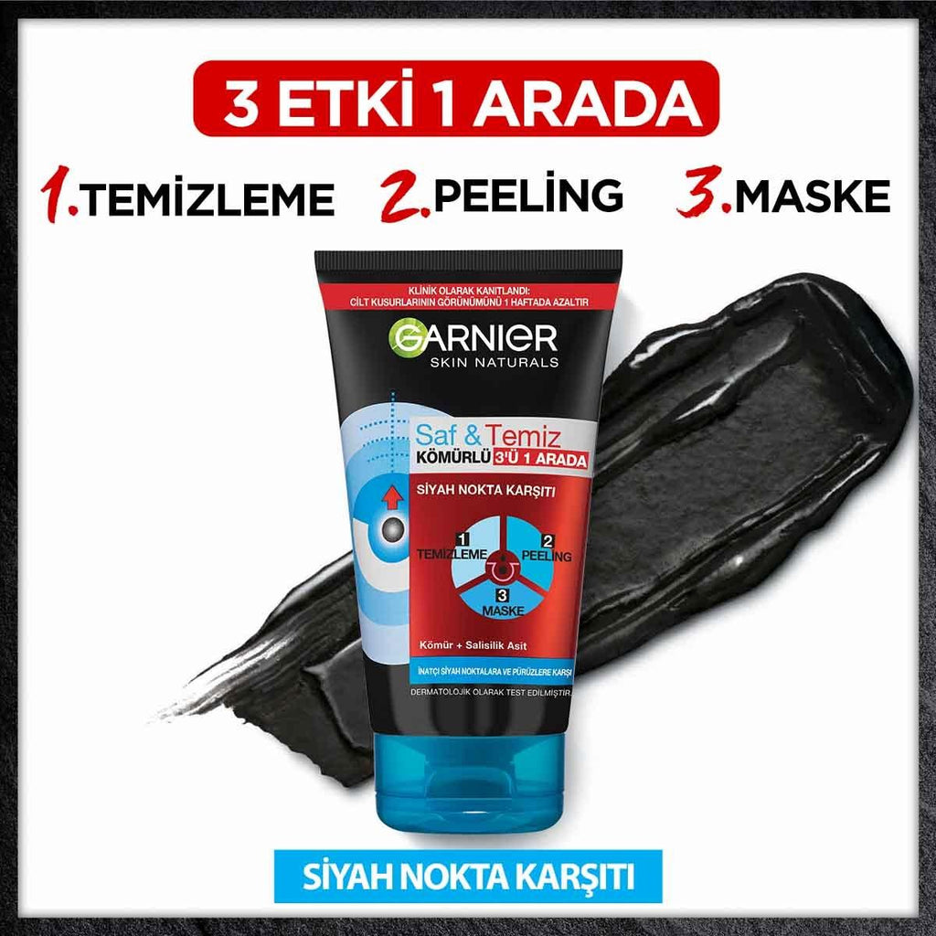 Garnier Charcoal Face Mask and Peeling Product - 3-in-1 Skincare Solution for Blackhead Removal