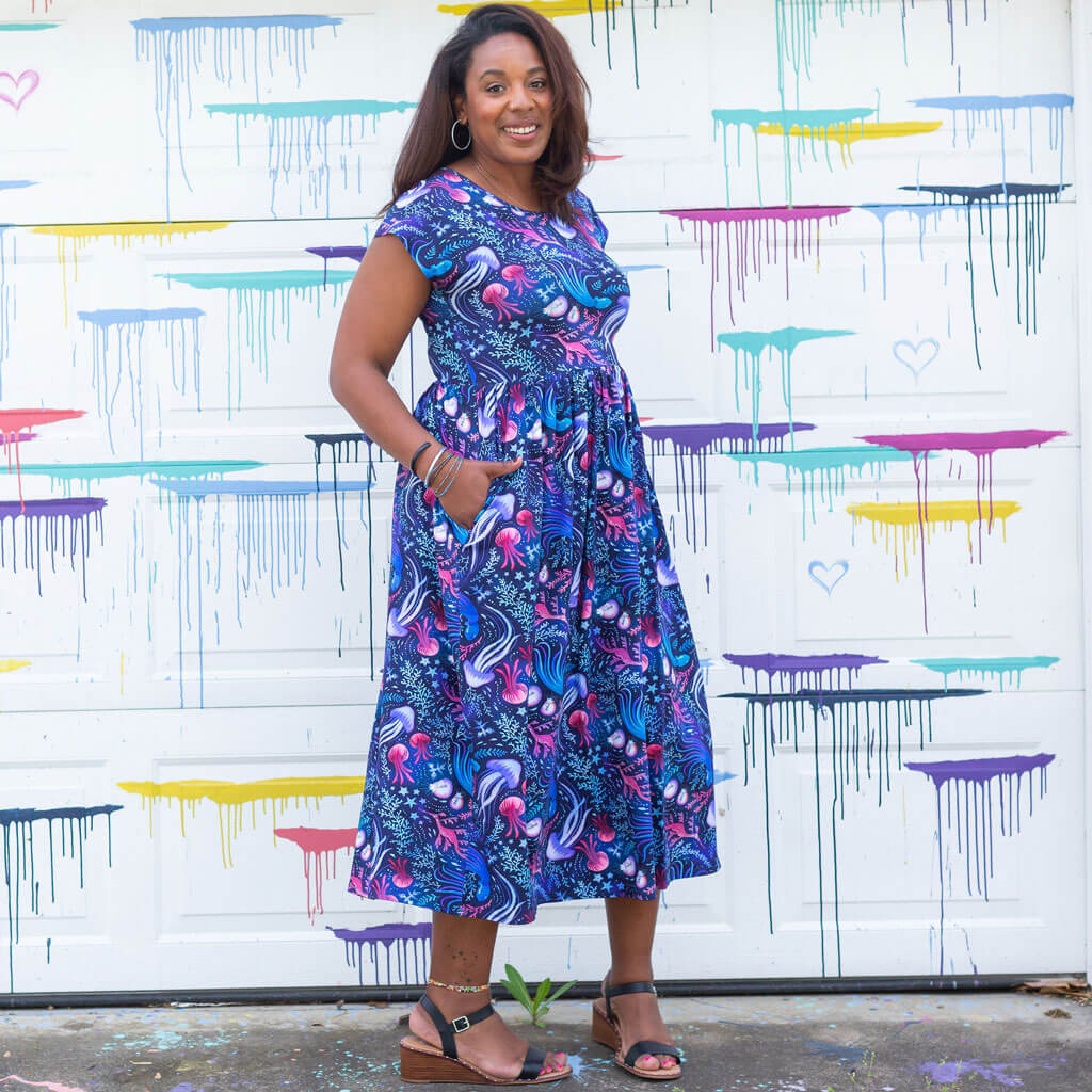 Princess Awesome & Boy Wonder Adult "Oceans Aglow" Marine Life Cap Sleeve Maxi Dress With Pockets — back view