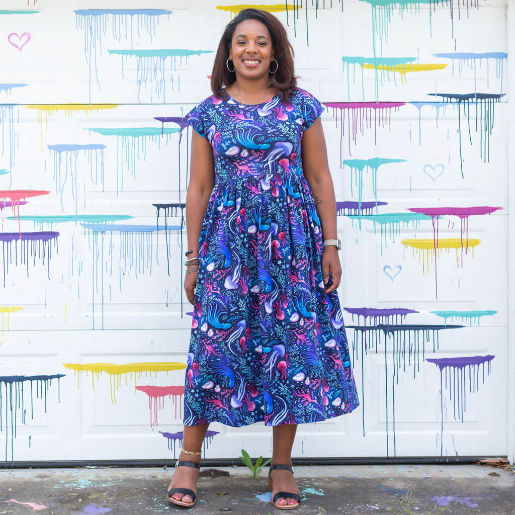 Princess Awesome & Boy Wonder Adult "Oceans Aglow" Marine Life Cap Sleeve Maxi Dress With Pockets — main product shot