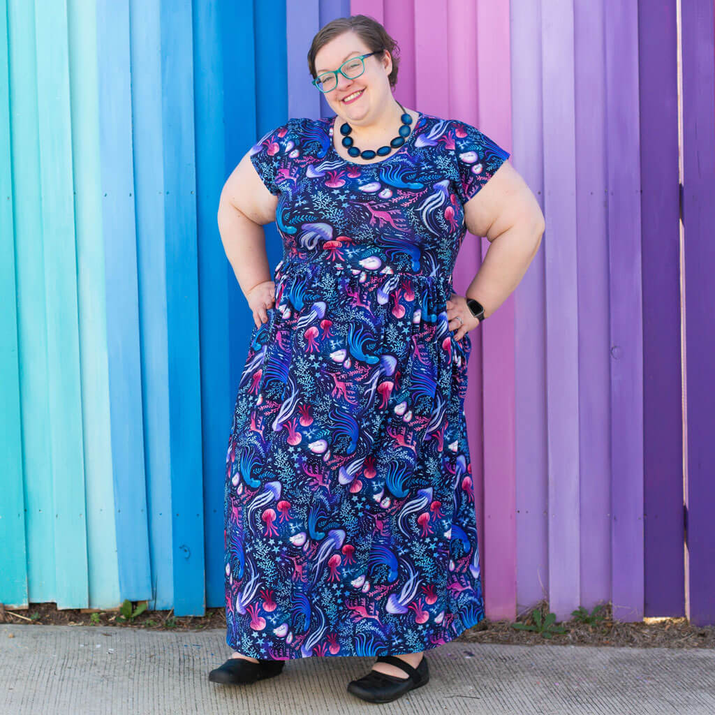 Princess Awesome & Boy Wonder Adult "Oceans Aglow" Marine Life Cap Sleeve Maxi Dress With Pockets — lifestyle context