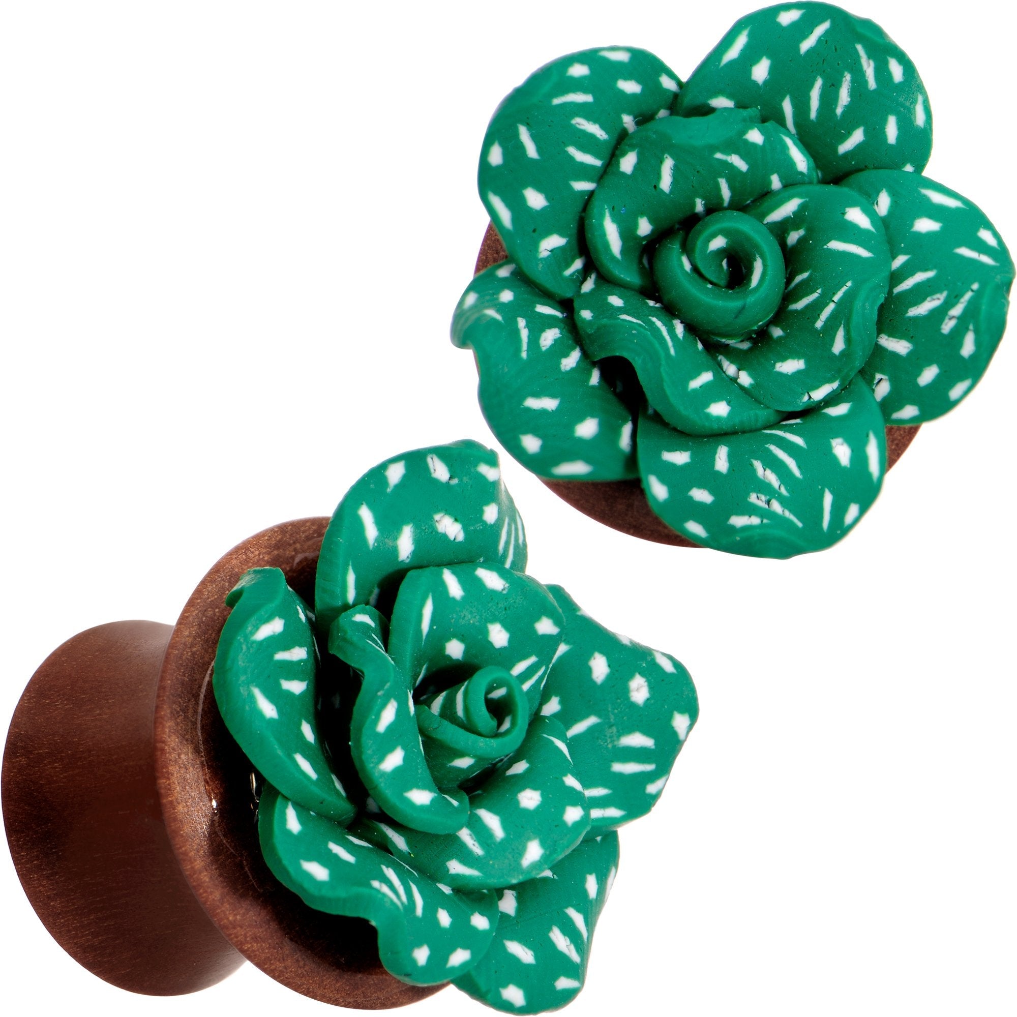 BodyCandy Handcrafted Rosewood Speckled Green Succulent Saddle Plug Set Sizes 14mm to 20mm — main product shot