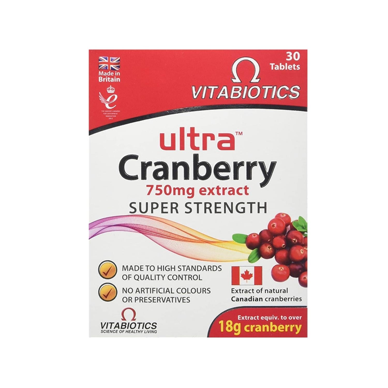 Vitabiotics Ultra Cranberry 750mg: Natural UTI Prevention & Urinary Tract Health Dietary Supplement - 30 Easy-to-Swallow Tablets