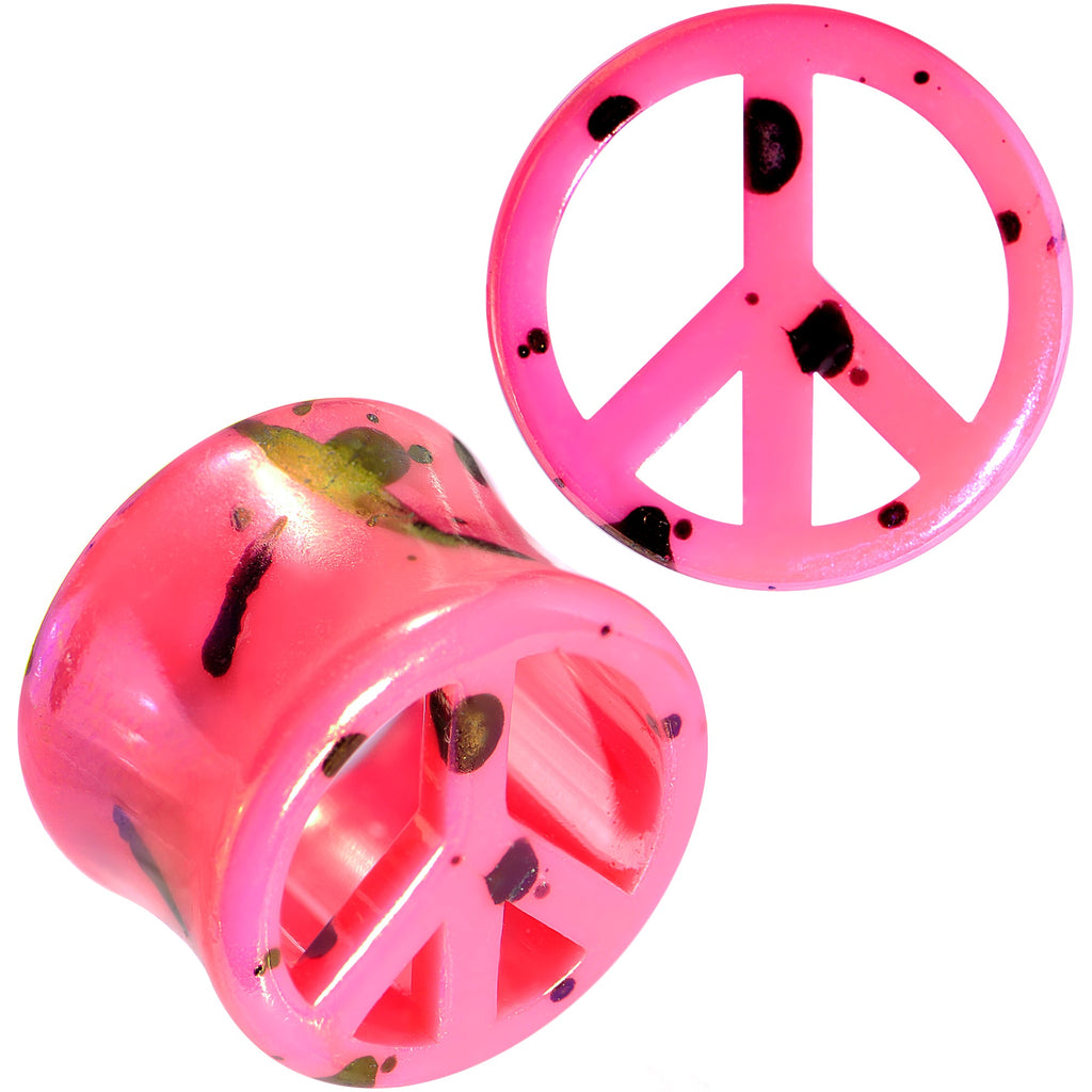BodyCandy Black Speckled Pink Acrylic Peace Sign Saddle Plug Set 10mm to 20mm — alternative angle