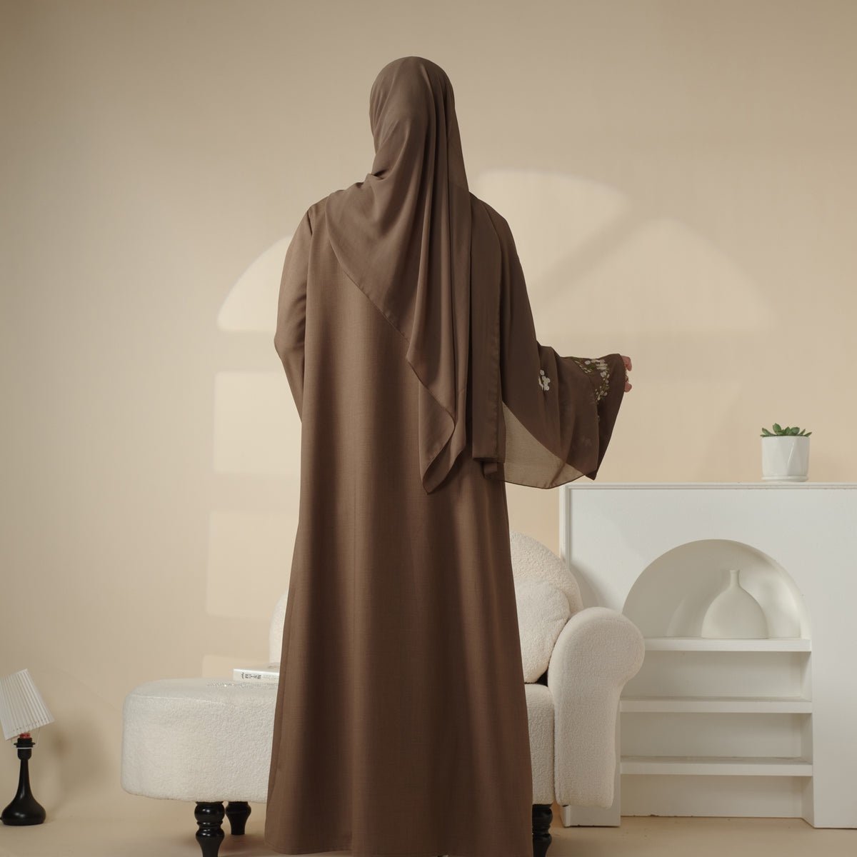Mariam's Collection Olive Branch Embroidered Linen Abaya Set With Matching Belt & Hijab (MOA037) — main product shot