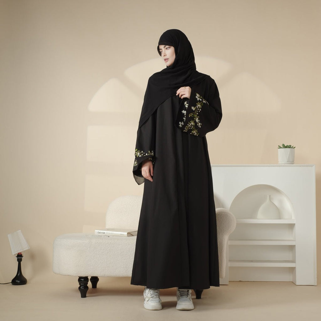 Mariam's Collection Olive Branch Embroidered Linen Abaya Set With Matching Belt & Hijab (MOA037) — detail shot 10