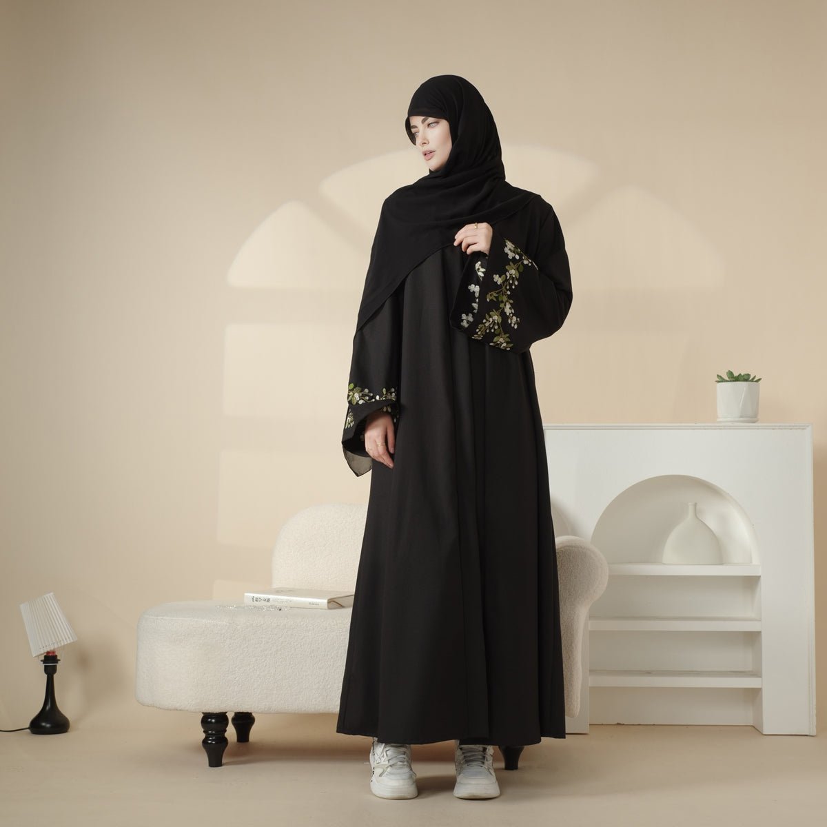 Mariam's Collection Olive Branch Embroidered Linen Abaya Set With Matching Belt & Hijab (MOA037) — detail shot 10