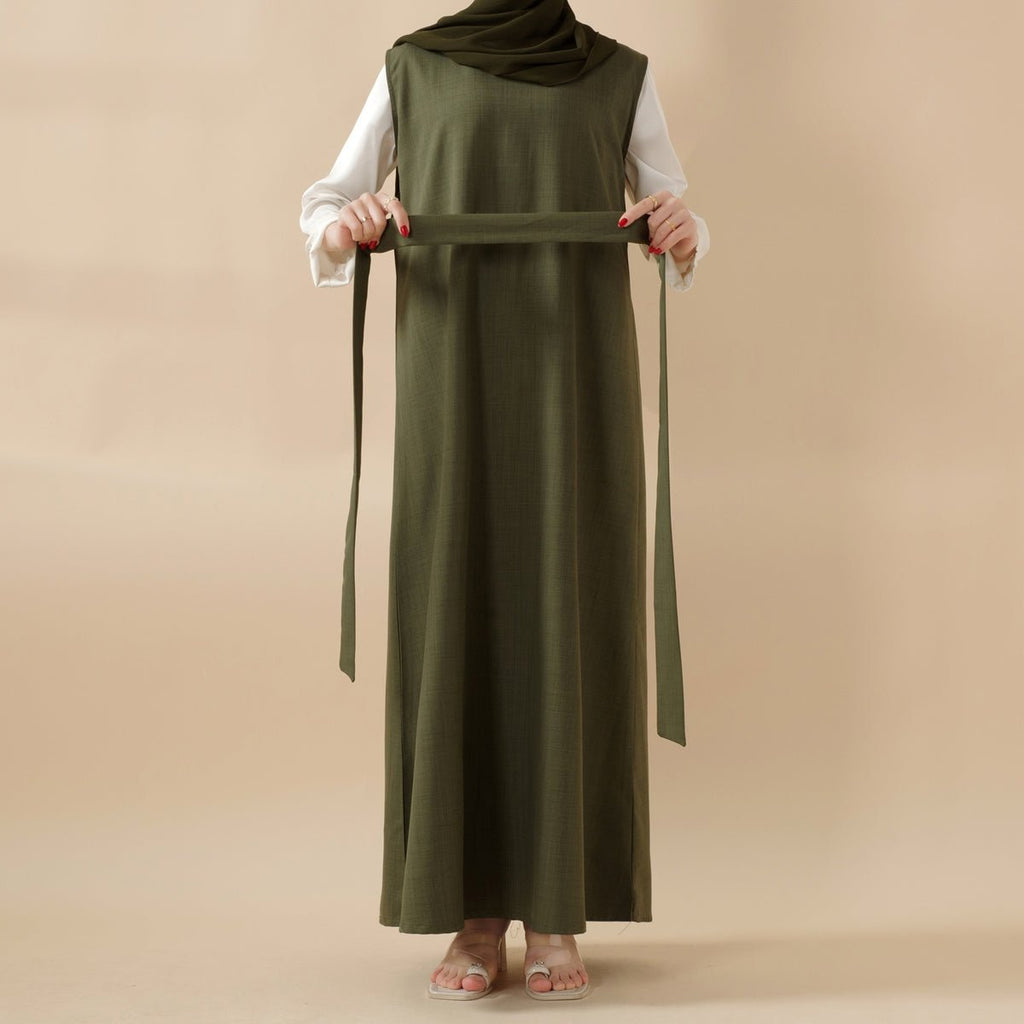 Mariam's Collection Olive Branch Embroidered Linen Abaya Set With Matching Belt & Hijab (MOA037) — detail shot 7