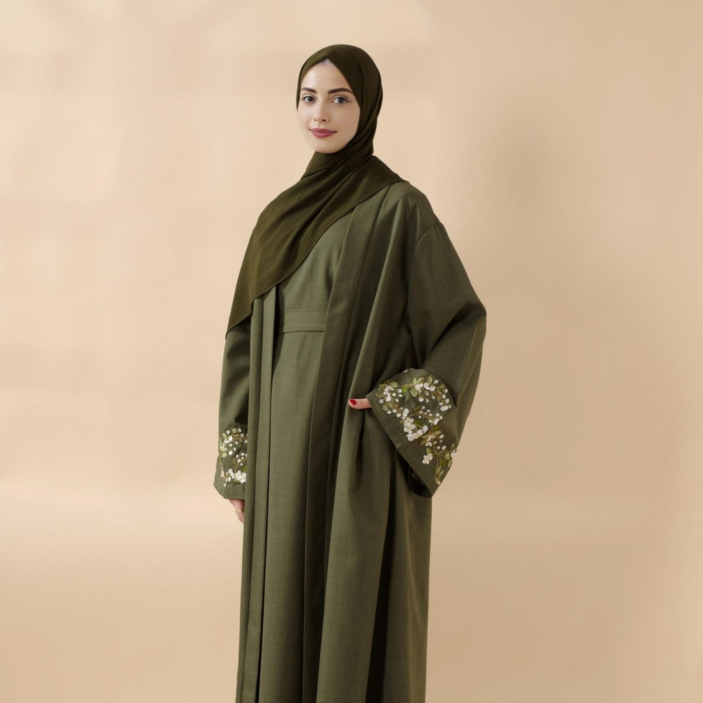 Mariam's Collection Olive Branch Embroidered Linen Abaya Set With Matching Belt & Hijab (MOA037) — main product shot