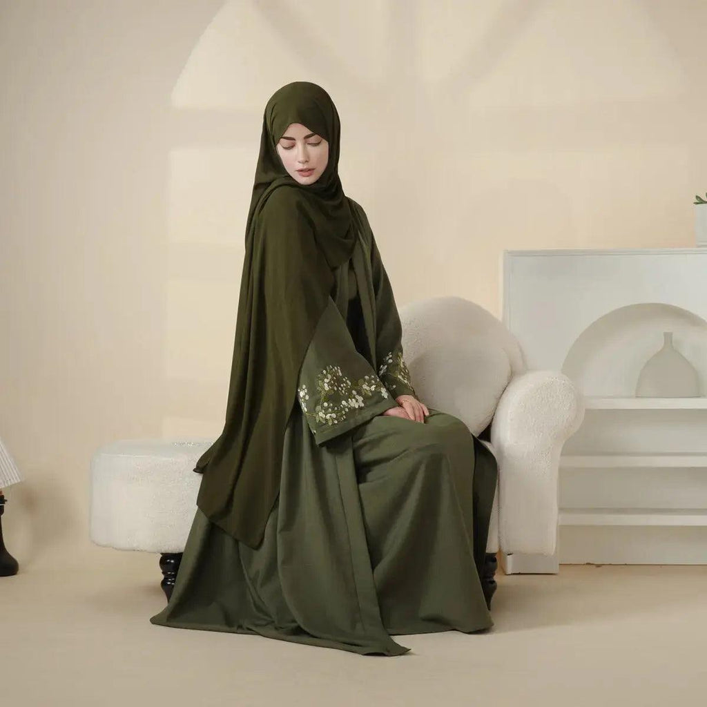 Mariam's Collection Olive Branch Embroidered Linen Abaya Set With Matching Belt & Hijab (MOA037) — detail shot 8