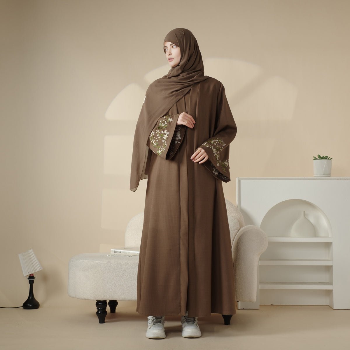 Mariam's Collection Olive Branch Embroidered Linen Abaya Set With Matching Belt & Hijab (MOA037) — flat-lay composition