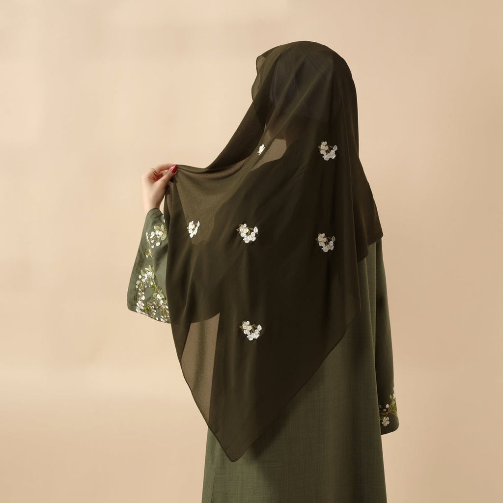 Mariam's Collection Olive Branch Embroidered Linen Abaya Set With Matching Belt & Hijab (MOA037) — lifestyle worn / used context
