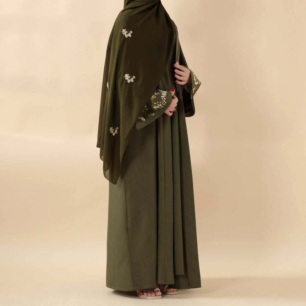 Mariam's Collection Olive Branch Embroidered Linen Abaya Set With Matching Belt & Hijab (MOA037) — detail shot 6