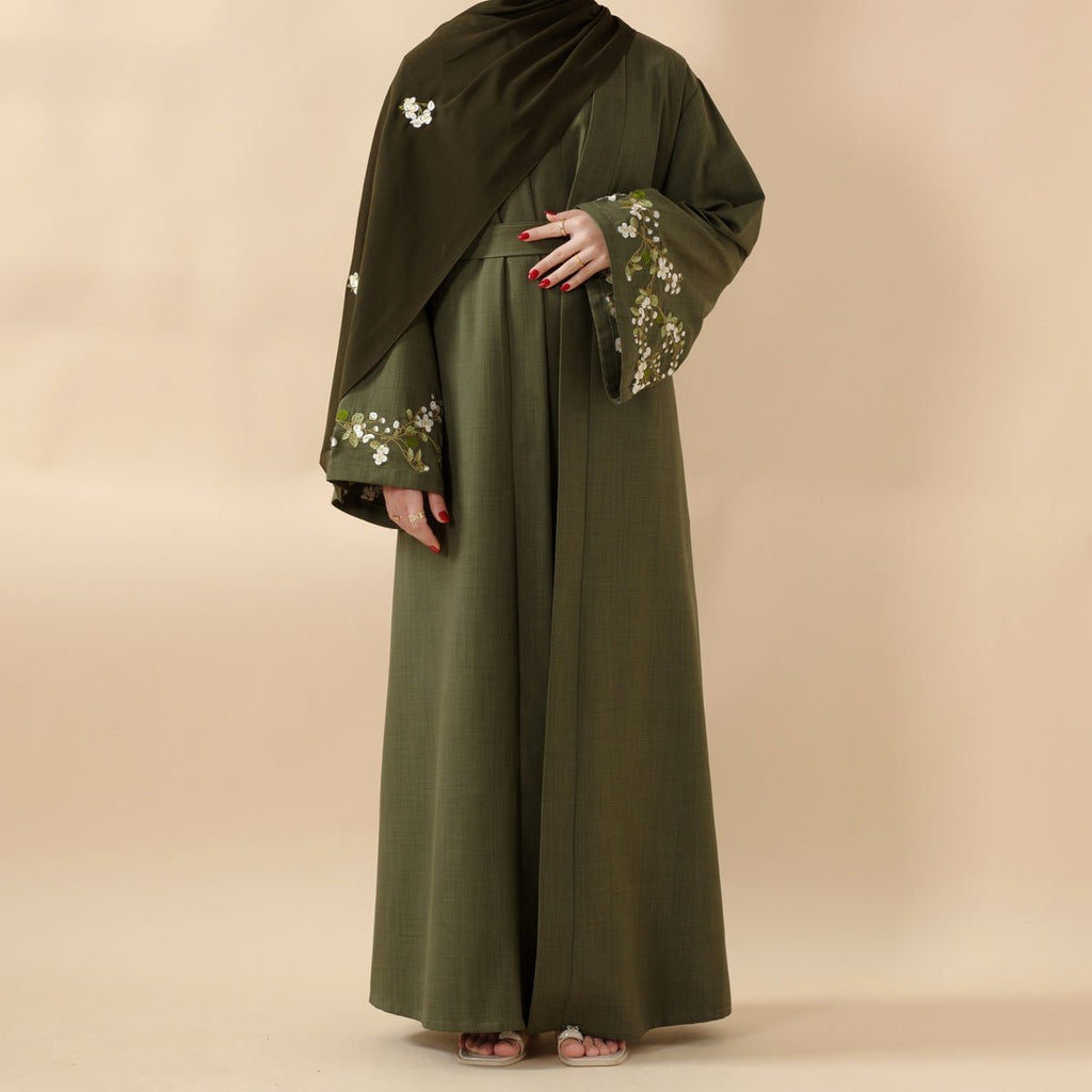 Mariam's Collection Olive Branch Embroidered Linen Abaya Set With Matching Belt & Hijab (MOA037) — Olive detail