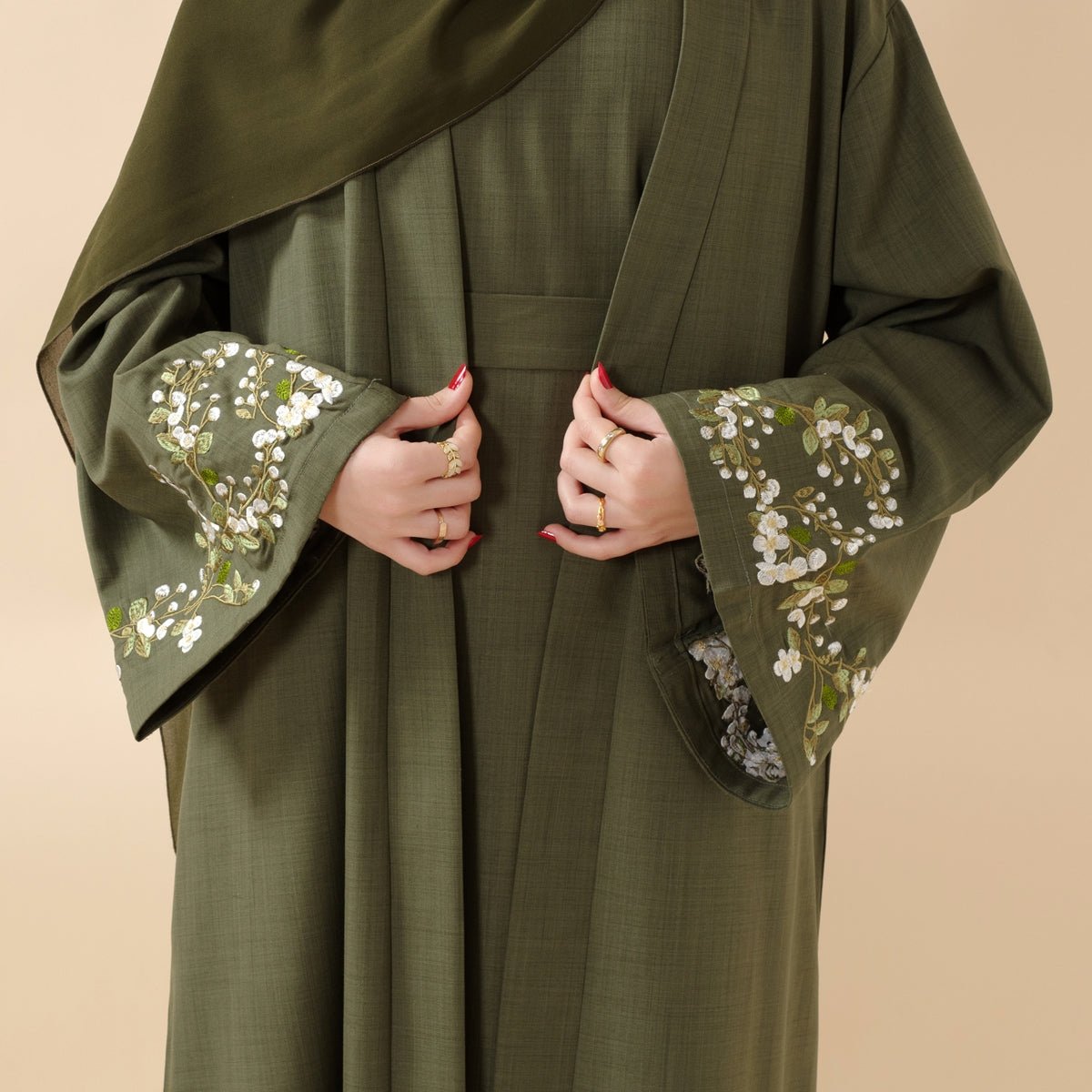 Mariam's Collection Olive Branch Embroidered Linen Abaya Set With Matching Belt & Hijab (MOA037) — product category context