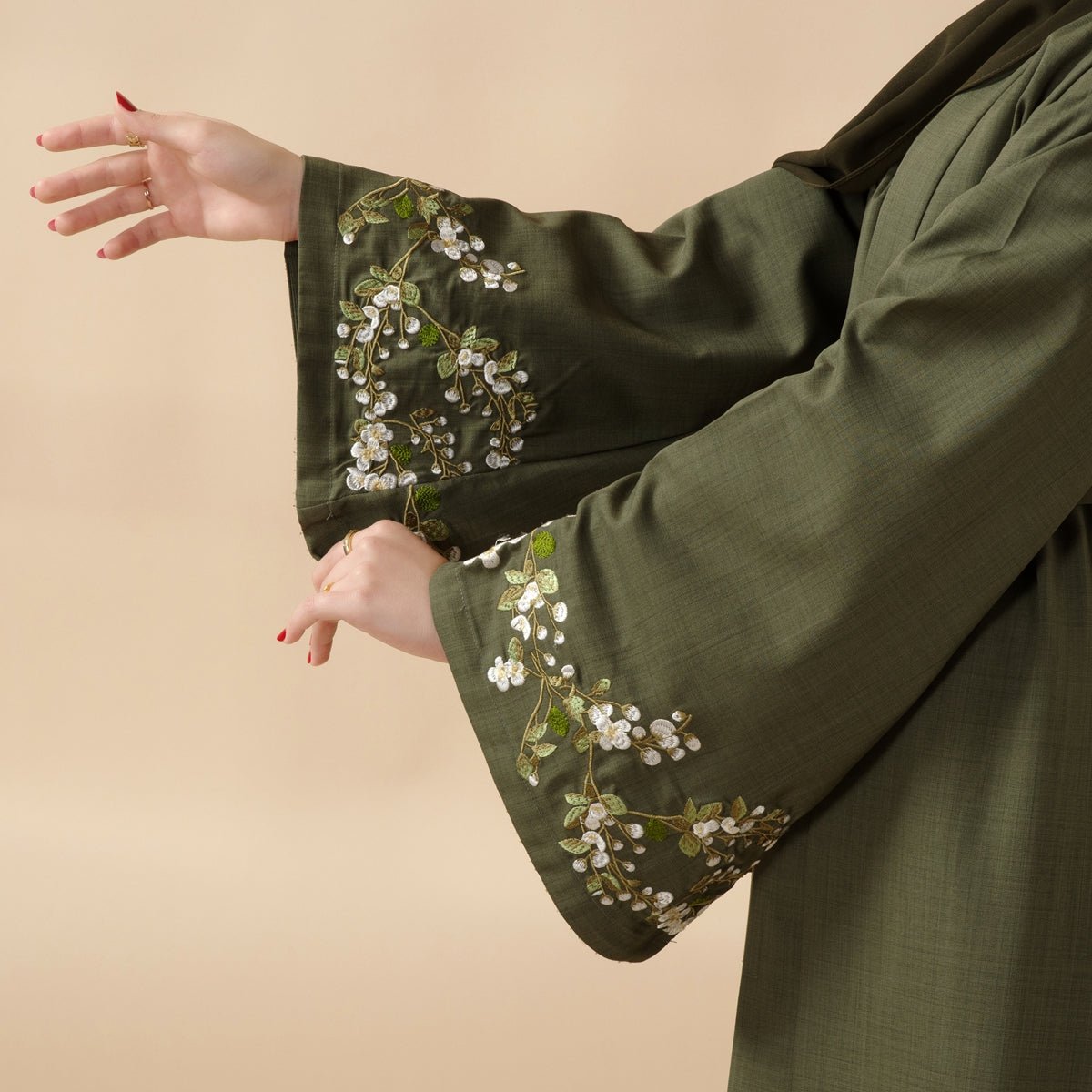 Mariam's Collection Olive Branch Embroidered Linen Abaya Set With Matching Belt & Hijab (MOA037) — Mariam's Collection branding close-up