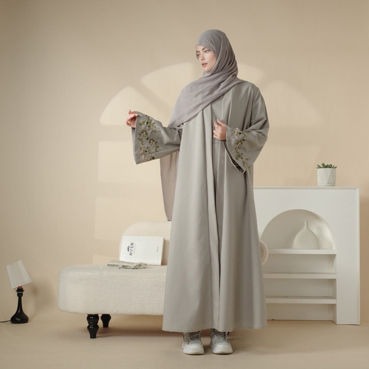 Mariam's Collection Olive Branch Embroidered Linen Abaya Set With Matching Belt & Hijab (MOA037) — fabric or material detail