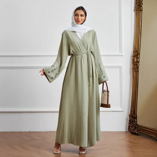 Olive Green Embroidered Abaya Set | Muslim Fashion Cardigan with Belt & Floral Embroidery (MOA166)