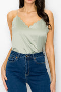 Olive Satin Scallop V-Neck Cami Top – Adjustable Straps & Square Back