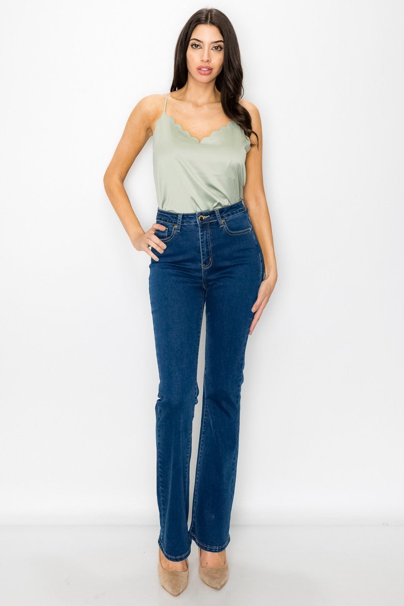 Olive Satin Scallop V-Neck Cami Top – Adjustable Straps & Square Back