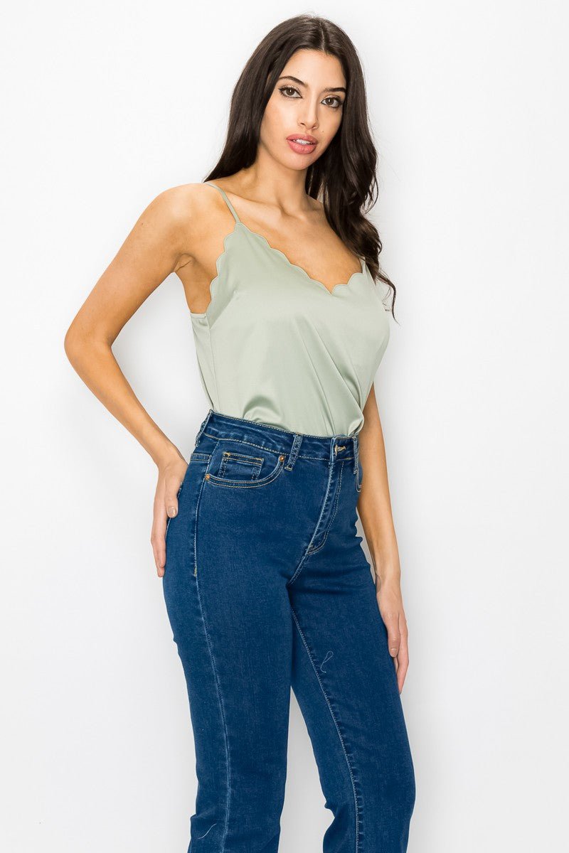 Olive Satin Scallop V-Neck Cami Top – Adjustable Straps & Square Back