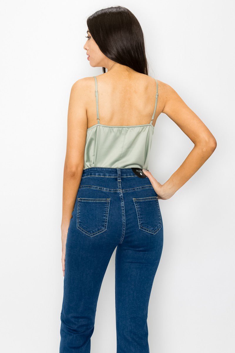 Olive Satin Scallop V-Neck Cami Top – Adjustable Straps & Square Back